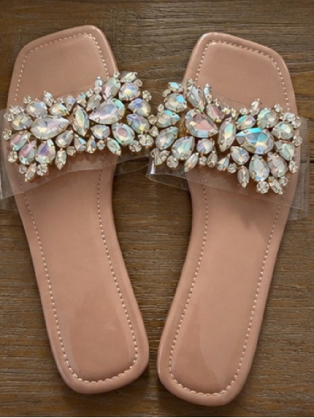 Rhinestone Embellished Nude Slide Sandals